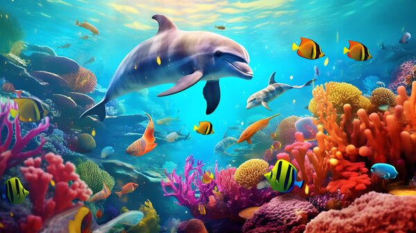 Fototapet Delfin înotând într-un recif de corali, Fototapet copii, Fototapet populare, u94773 - Tapeko.ro