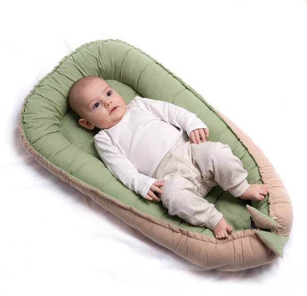 Cosulet bebelus pentru dormit din tesatura de in Kidizi Baby Nest Cocoon 90x50 cm Olive