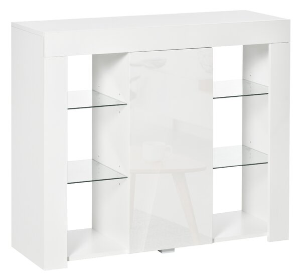HOMCOM Bufet Modern cu Usa si Lumini LED cu Finisaj Lucios si Rafturi din Sticla, Dulap Mutifunctional 97x35x83cm, Alb Modern | Aosom Romania