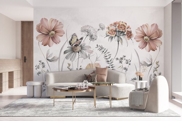 Tapet Flori delicate mari și plante cu fluture, Fototapet Acuarelă, w07905v1 : Uwalls.ro