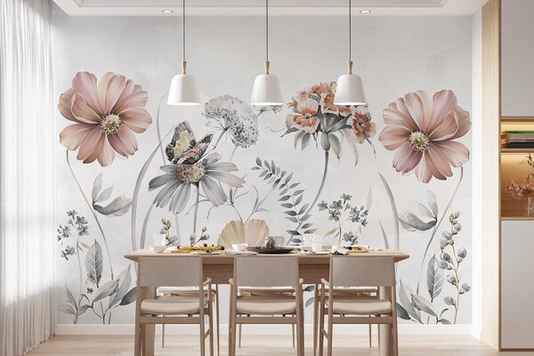 Tapet Flori delicate mari și plante cu fluture, Fototapet Acuarelă, w07905v1 : Uwalls.ro