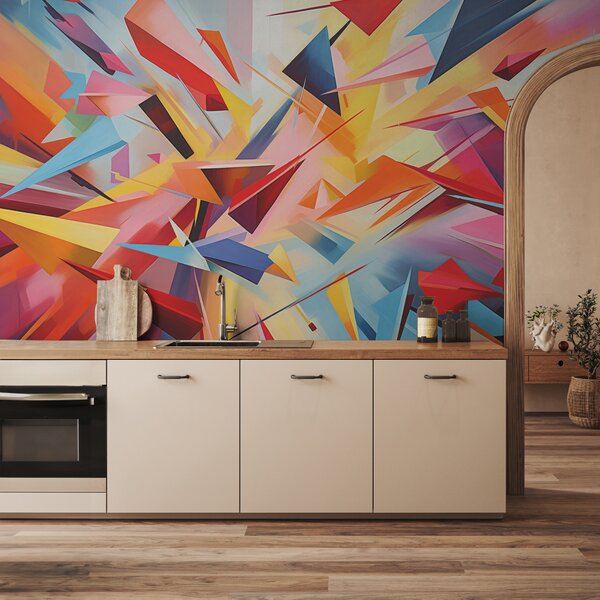 Tapet Abstracție haotică de forme geometrice, roz, albastru, galben, Fototapet 3D, Fotomurale 3D Forme geometrice, w08030 : Uwalls.ro