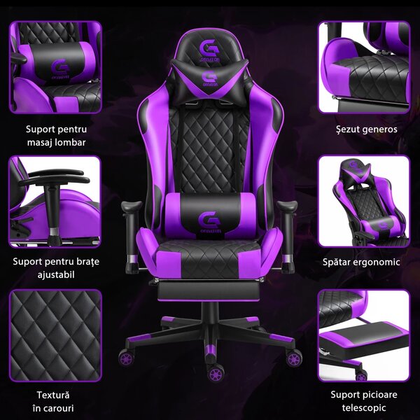 Scaun gaming cu masaj în perna lombară, sezut benzi elastice sustinere, cotiere 3D, suport picioare, funcție sezlong, Negru/Violet