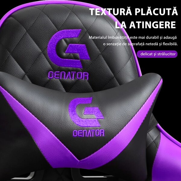 Scaun gaming cu masaj în perna lombară, sezut benzi elastice sustinere, cotiere 3D, suport picioare, funcție sezlong, Negru/Violet