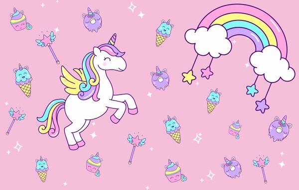 Tapet unicorn, curcubeu pe un fundal roz, Fototapet Pentru Copii, Fototapet Unicorni, w08102 : Uwalls.ro