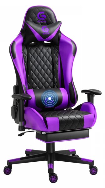 Scaun gaming cu masaj în perna lombară, sezut benzi elastice sustinere, cotiere 3D, suport picioare, funcție sezlong, Negru/Violet