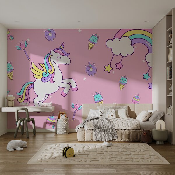 Tapet unicorn, curcubeu pe un fundal roz, Fototapet Pentru Copii, Fototapet Unicorni, w08102 : Uwalls.ro