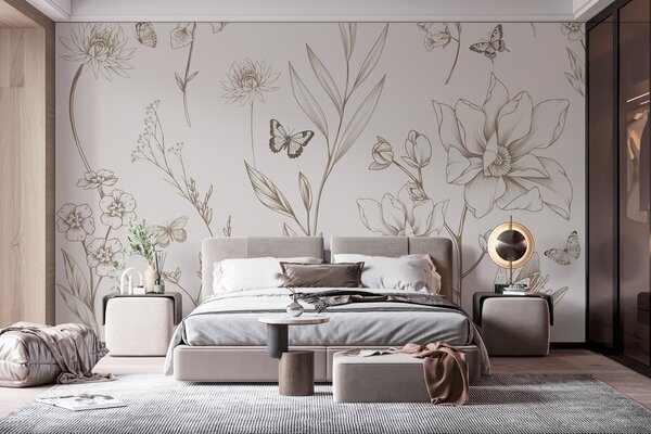 Tapet Boho Monochrome Flori și fluturi în culoarea bej, Fototapet Animale, Fototapet Fluturi, w08088v1 : Uwalls.ro