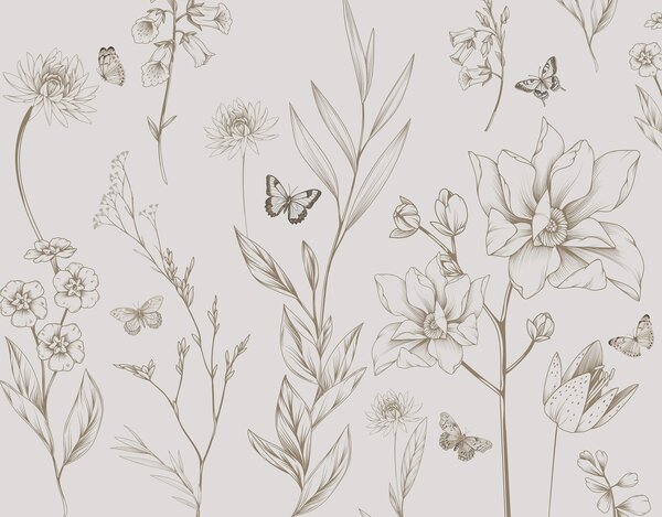 Tapet Boho Monochrome Flori și fluturi în culoarea bej, Fototapet Animale, Fototapet Fluturi, w08088v1 : Uwalls.ro