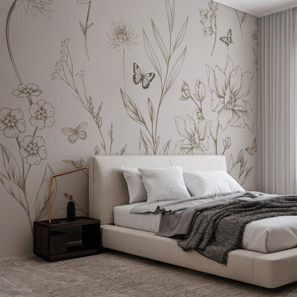 Tapet Boho Monochrome Flori și fluturi în culoarea bej, Fototapet Animale, Fototapet Fluturi, w08088v1 : Uwalls.ro