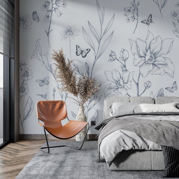 Tapet Boho Monochrome Flori și fluturi în albastru, Fototapet Animale, Fototapet Fluturi, w08088v2 : Uwalls.ro
