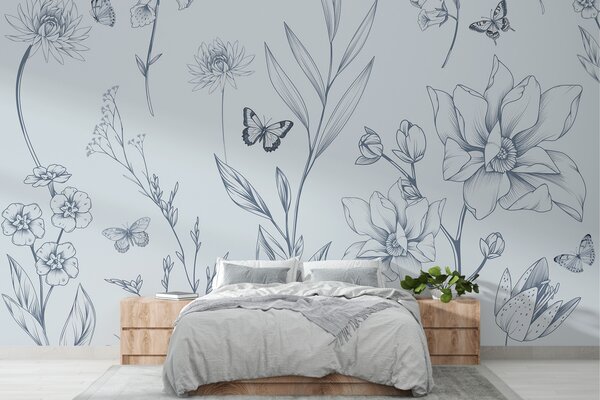 Tapet Boho Monochrome Flori și fluturi în albastru, Fototapet Animale, Fototapet Fluturi, w08088v2 : Uwalls.ro