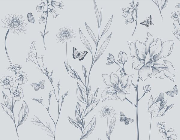 Tapet Boho Monochrome Flori și fluturi în albastru, Fototapet Animale, Fototapet Fluturi, w08088v2 : Uwalls.ro