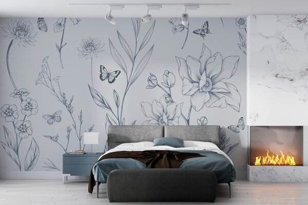 Tapet Boho Monochrome Flori și fluturi în albastru, Fototapet Animale, Fototapet Fluturi, w08088v2 : Uwalls.ro