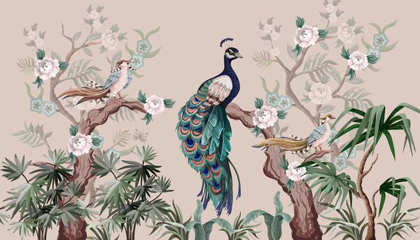 Tapet păun pe un copac, fundal deschis, Fototapet Animale, Fototapet Peacocks, w08168v2 : Uwalls.ro