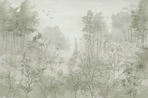 Fototapet Pădure cețoasă cu copaci și păsări, Fototapet natură, Fototapet populare, w08142v1 - Tapeko.ro