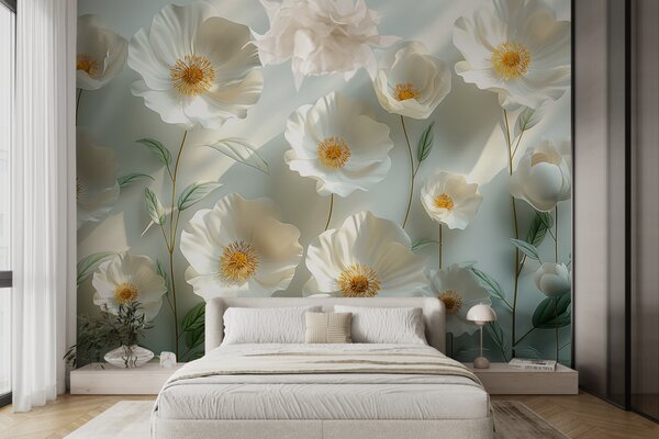 Tapet Mac alb pe un perete cu lumina soarelui și efect 3D, Fototapet 3D, Fototapet 3D Flori, w01339 : Uwalls.ro