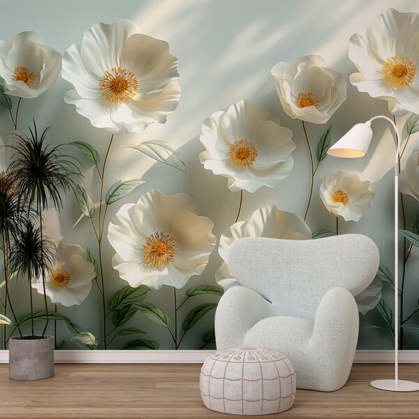 Tapet Mac alb pe un perete cu lumina soarelui și efect 3D, Fototapet 3D, Fototapet 3D Flori, w01339 : Uwalls.ro