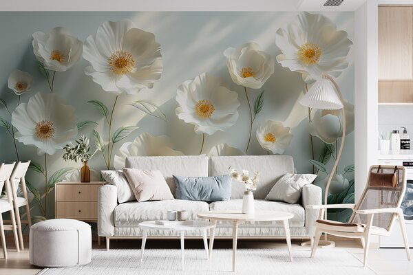 Tapet Mac alb pe un perete cu lumina soarelui și efect 3D, Fototapet 3D, Fototapet 3D Flori, w01339 : Uwalls.ro