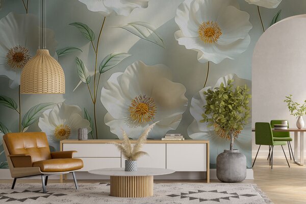 Tapet Mac alb pe un perete cu lumina soarelui și efect 3D, Fototapet 3D, Fototapet 3D Flori, w01339 : Uwalls.ro