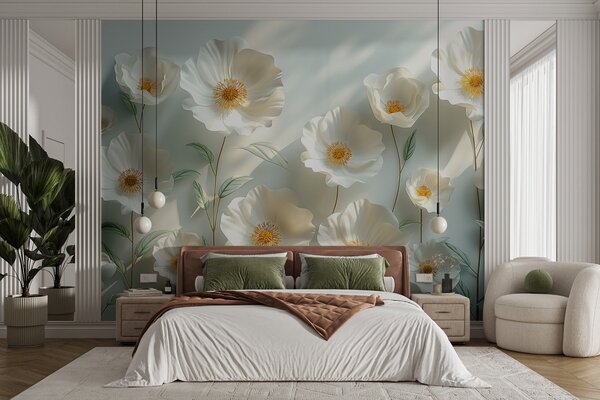 Tapet Mac alb pe un perete cu lumina soarelui și efect 3D, Fototapet 3D, Fototapet 3D Flori, w01339 : Uwalls.ro