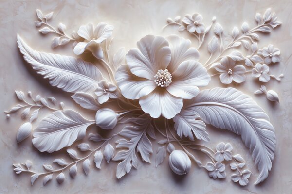 Tapet artă de perete 3D în relief cu pene și flori, cu un mac mare în culori roz deschis, Fototapet 3D, Fototapet 3D Flori, w01340v1 : Uwalls.ro