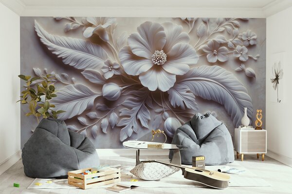 Tapet artă de perete 3D în relief cu pene și flori, cu un mac mare în culori roz deschis, Fototapet 3D, Fototapet 3D Flori, w01340v1 : Uwalls.ro