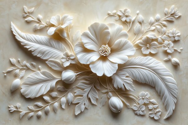 Tapet artă de perete în relief 3D cu pene și flori, cu un mac mare în culori bej, Fototapet 3D, Fototapet 3D Flori, w01340 : Uwalls.ro