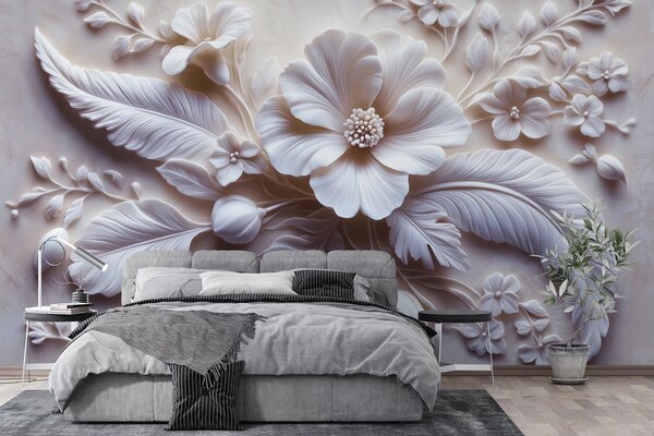 Tapet artă de perete 3D în relief cu pene și flori, cu un mac mare în culori roz deschis, Fototapet 3D, Fototapet 3D Flori, w01340v1 : Uwalls.ro