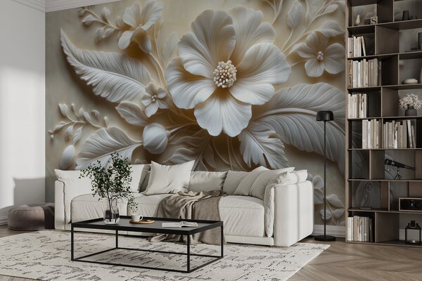 Tapet artă de perete în relief 3D cu pene și flori, cu un mac mare în culori bej, Fototapet 3D, Fototapet 3D Flori, w01340 : Uwalls.ro