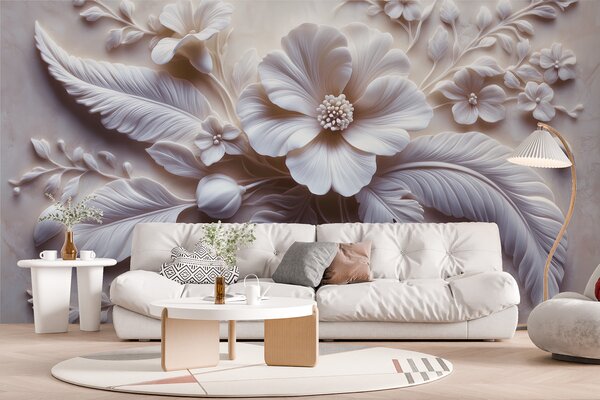 Tapet artă de perete 3D în relief cu pene și flori, cu un mac mare în culori roz deschis, Fototapet 3D, Fototapet 3D Flori, w01340v1 : Uwalls.ro