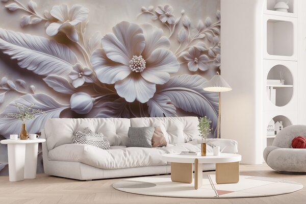 Tapet artă de perete 3D în relief cu pene și flori, cu un mac mare în culori roz deschis, Fototapet 3D, Fototapet 3D Flori, w01340v1 : Uwalls.ro