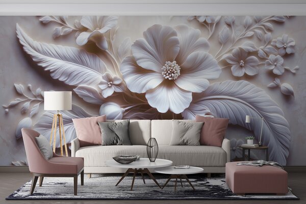 Tapet artă de perete 3D în relief cu pene și flori, cu un mac mare în culori roz deschis, Fototapet 3D, Fototapet 3D Flori, w01340v1 : Uwalls.ro