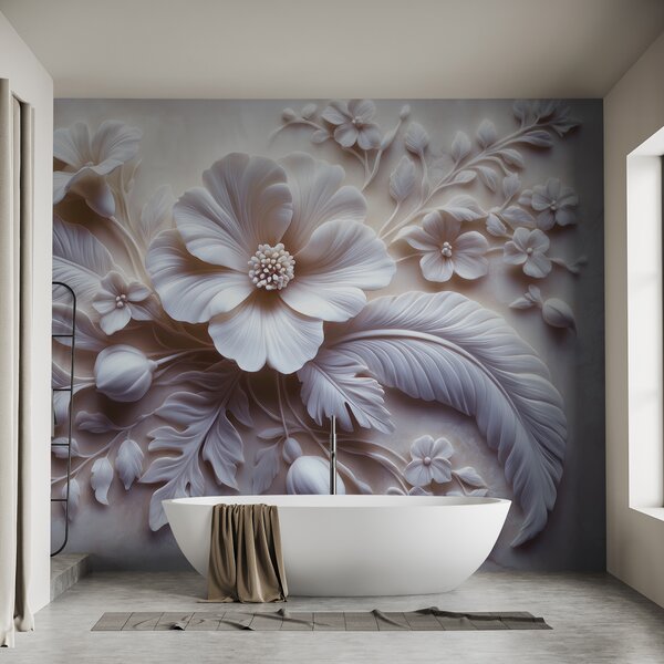 Tapet artă de perete 3D în relief cu pene și flori, cu un mac mare în culori roz deschis, Fototapet 3D, Fototapet 3D Flori, w01340v1 : Uwalls.ro