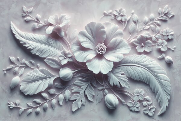 Tapet artă de perete în relief 3D cu pene și flori, cu un mac mare în culori albastru deschis, Fototapet 3D, Fototapet 3D Flori, w01340v2 : Uwalls.ro
