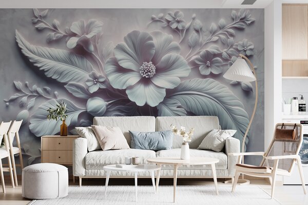 Tapet artă de perete în relief 3D cu pene și flori, cu un mac mare în culori albastru deschis, Fototapet 3D, Fototapet 3D Flori, w01340v2 : Uwalls.ro