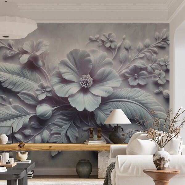 Tapet artă de perete în relief 3D cu pene și flori, cu un mac mare în culori albastru deschis, Fototapet 3D, Fototapet 3D Flori, w01340v2 : Uwalls.ro