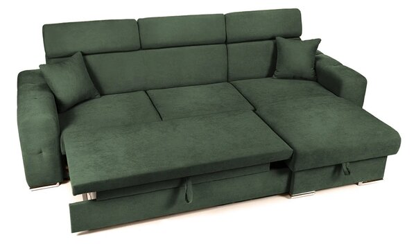 Colțar Extensibil BELLAGIO, șezlong interschimbabil, cu ladă de depozitare, cu tetiere reglabile, 280x170x100 cm, Verde-Enjoy / Dreapta