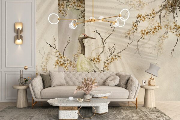 Tapet Un cocor alb stând pe o ramură cu flori înflorite, pe un fundal blând, neclar, Fototapet în stil oriental, w08159 : Uwalls.ro