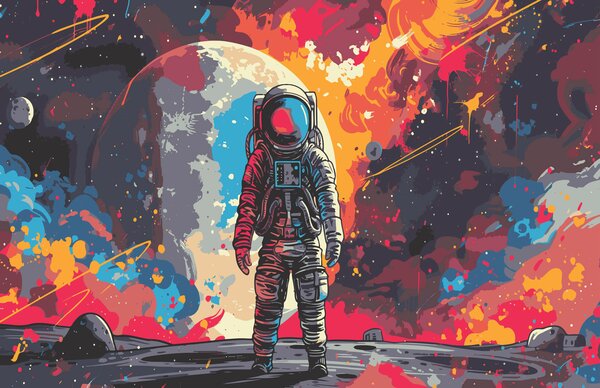 Fototapet Astronaut în spațiu cu un spațiu mare roșu și portocaliu în spatele lui, Fototapet spațiu cosmic, Fototapet populare, w08201 - Tapeko.ro
