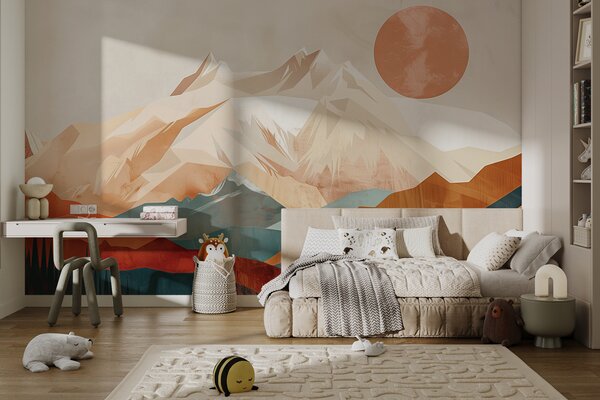 Tapet Boho Bliss: un peisaj senin de munți, copaci și soare, Fototapet panoramic, w01358 : Uwalls.ro