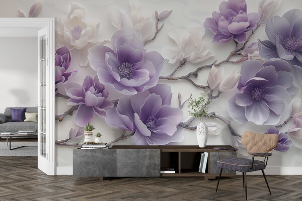 Tapet Flori de magnolie mov în relief pe o ramură grațioasă, Fototapet Flori, w01359 : Uwalls.ro