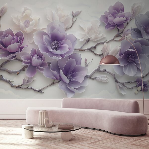 Tapet Flori de magnolie mov în relief pe o ramură grațioasă, Fototapet Flori, w01359 : Uwalls.ro