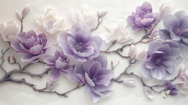 Tapet Flori de magnolie mov în relief pe o ramură grațioasă, Fototapet Flori, w01359 : Uwalls.ro