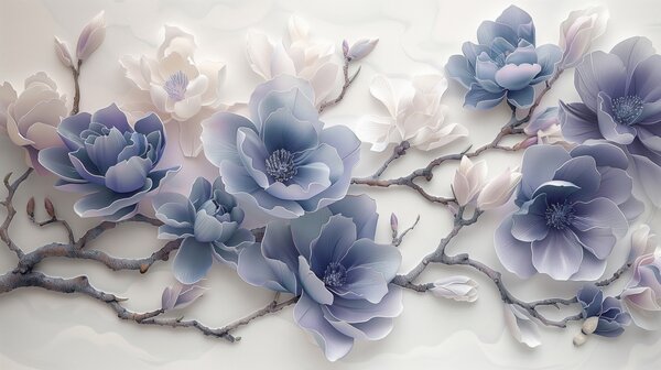 Tapet Flori albastre de magnolie în relief pe o ramură grațioasă, Fototapet Flori, w01359v1 : Uwalls.ro