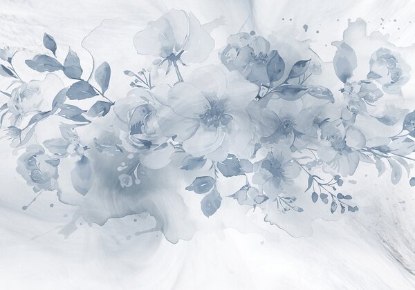 Tapet Model floral blând, estompat, în nuanțe de gri și alb, cu flori și frunze delicate, Fototapet Flori, w08189 : Uwalls.ro
