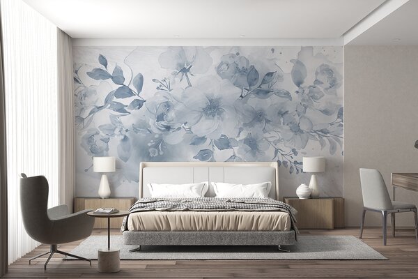 Tapet Model floral blând, estompat, în nuanțe de gri și alb, cu flori și frunze delicate, Fototapet Flori, w08189 : Uwalls.ro