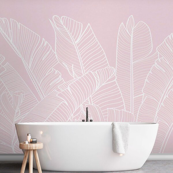 Tapet Tropical banane frunze roz culoare minimalism tendință nouă, Fototapet Natură, Fototapet Foi de palmier, w08210v3 : Uwalls.ro