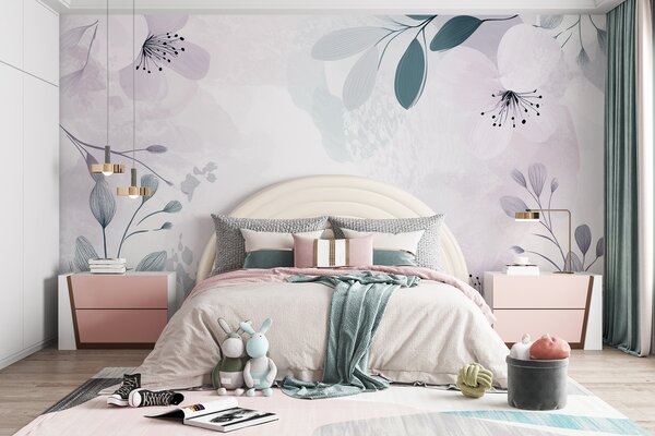 Fototapet Design floral alb și violet, Fototapet acuarelă, Fototapet populare, w01451 - Tapeko.ro
