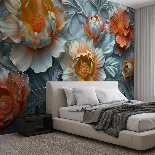 Fototapet Wallpaper cu flori și frunze, Fototapet flori 3D, Fototapet populare, w01427 - Tapeko.ro